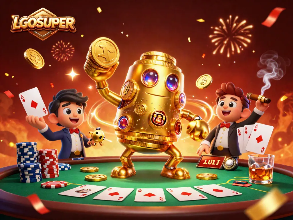 Engage with LGOSUPER's vibrant casino scene featuring golden golem and poker elements.